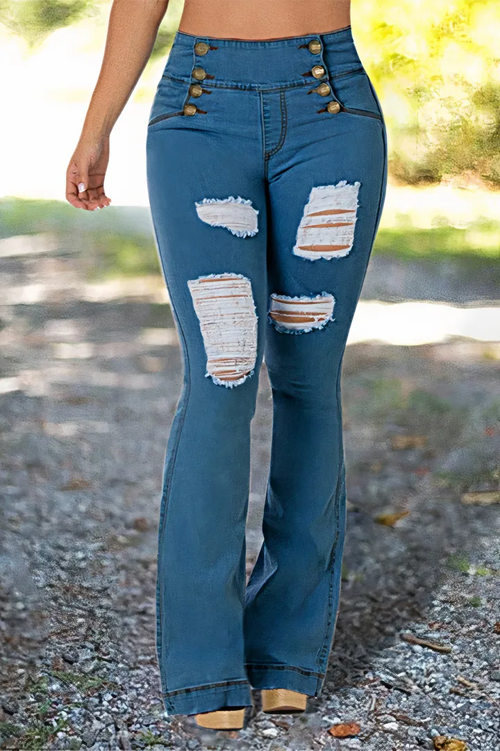 Ripped Double Breasted Button Fly High Rise Bootcut Jeans