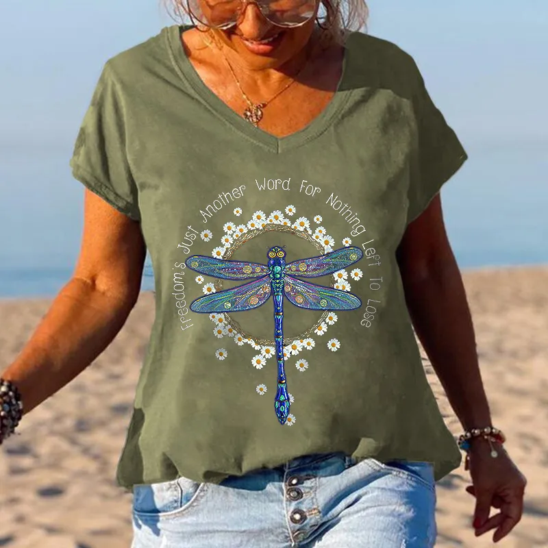 Letter Print & Dragonfly Pattern Print Women V-neck Blouse