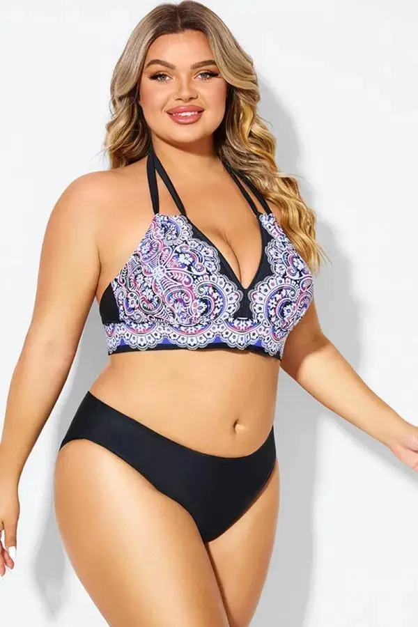 Printed Self-tie Halter Straps Bikini Top