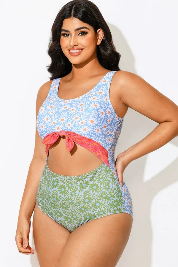 Daisy Patch Printed Knotted One Piece Swimsuit