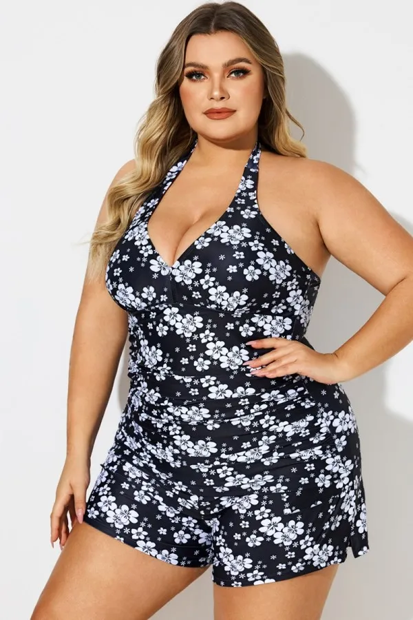 Floral Print Self-Tie Halter Shirred Tankini Top