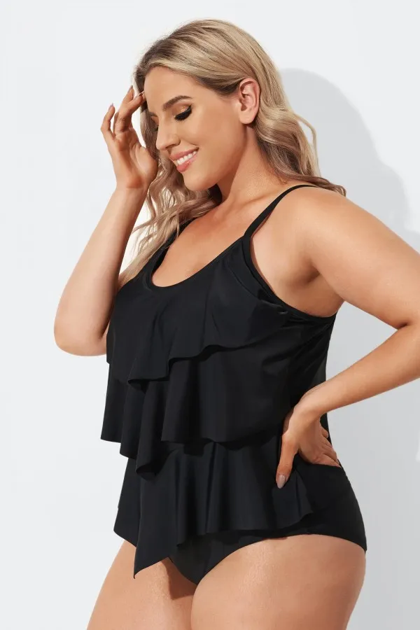 Plus Size Colorblock V-Neck Ruffle Women Tankini Top