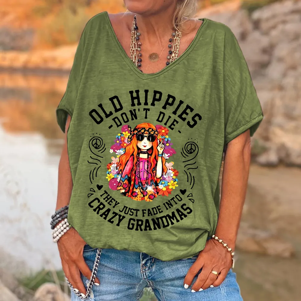 Custompupshirt Women's Funny Old Hippies Don’t Die, They Just Fade Into Crazy Grandmas Casual V-Neck Shirts