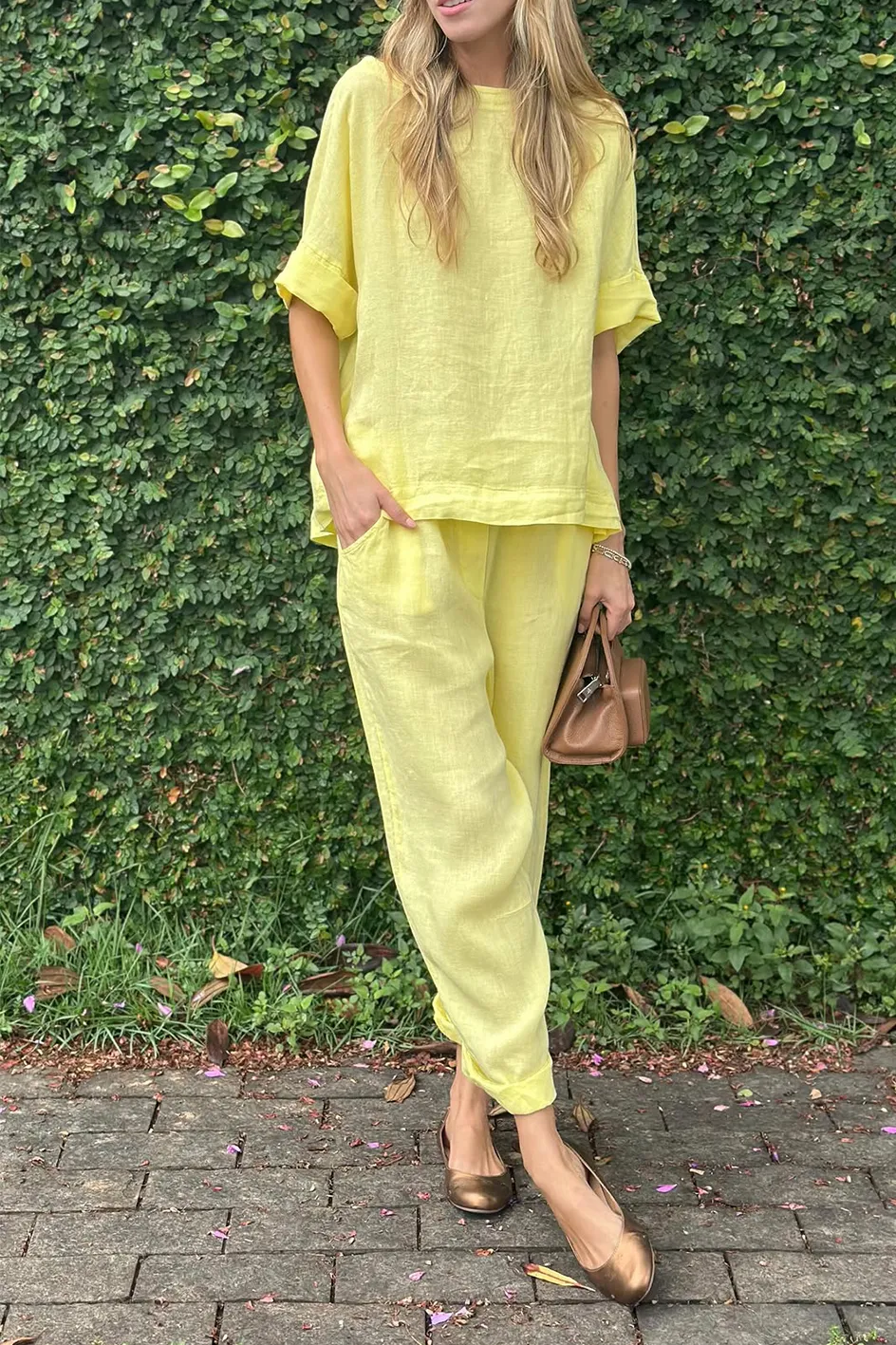 Women'S Solid Color Cotton And Linen Casual Top And Pants Two-Piece Set