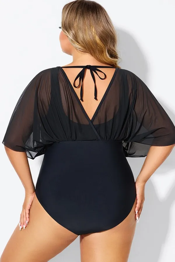 Solid Black Mesh Patchwork One Piece Swimsuit