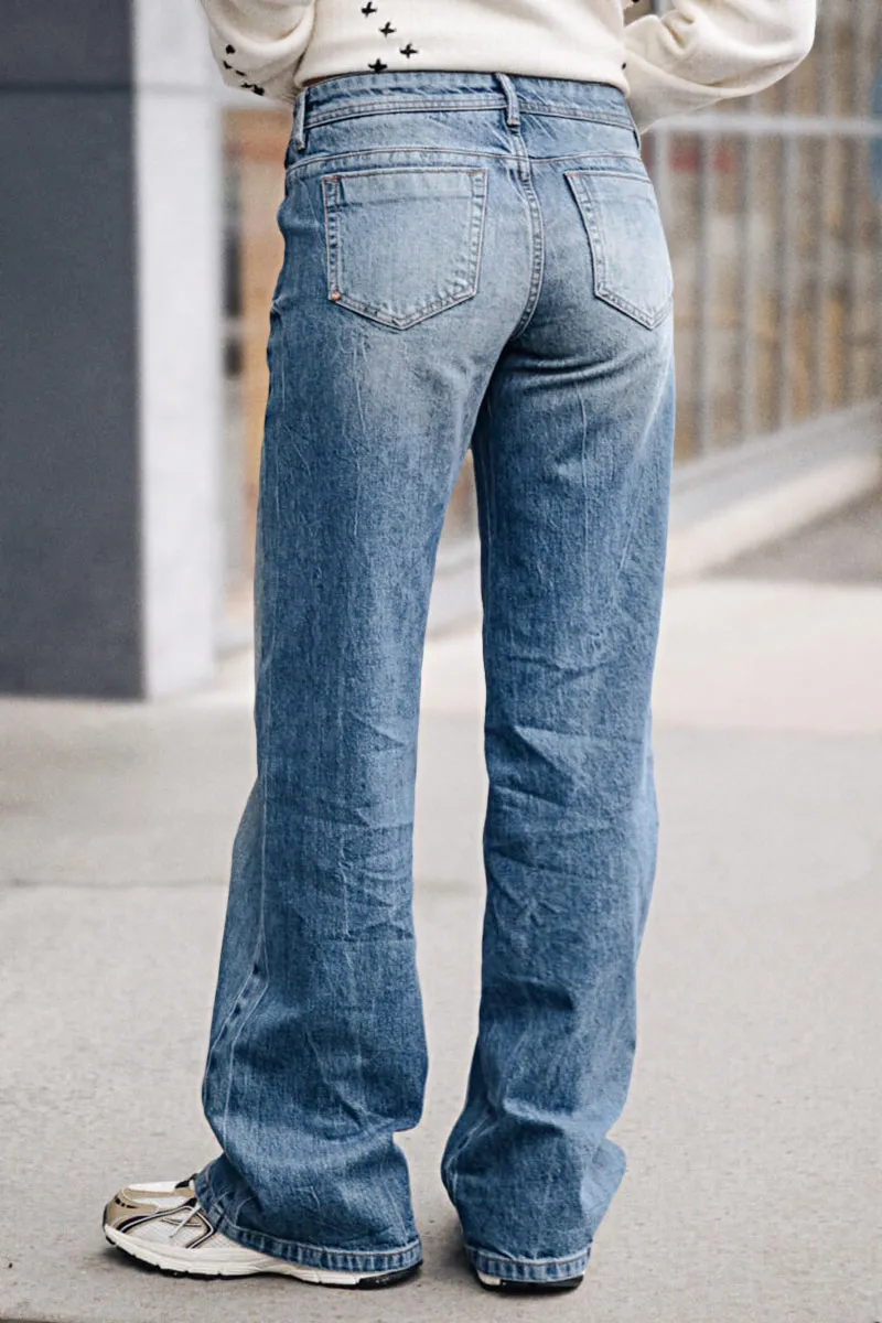 Wash Stretchy Mid Waist Straight Leg Jeans