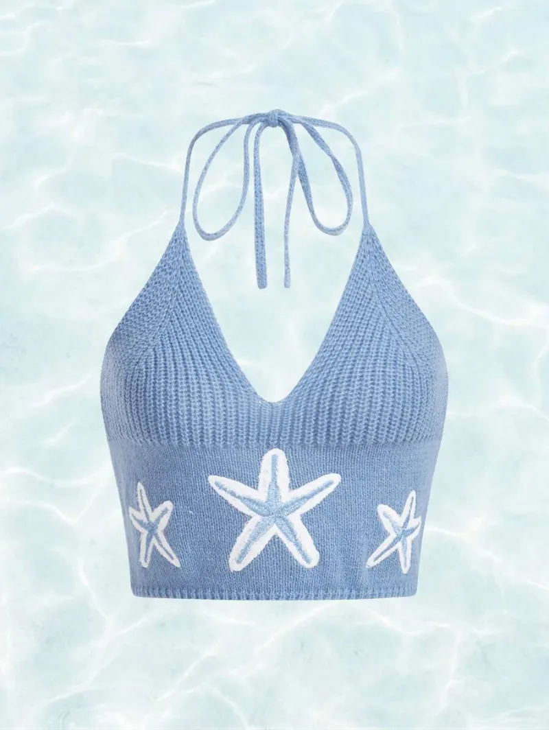 Fairycore Women Summer Knitted Top With Pentagram Pattern Neck Strap