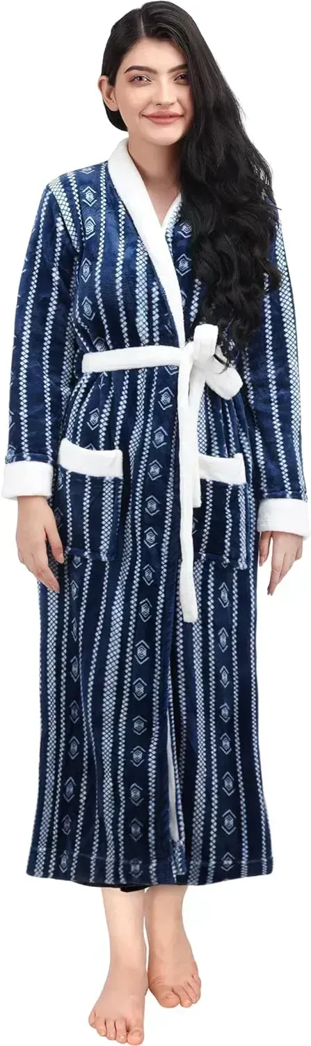 Women Fleece Shawl Collar Bathrobe - Plush Long Robe