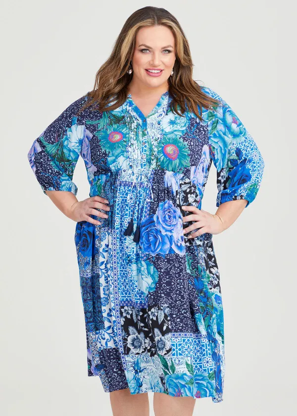 Natural Blue Tile Pintuck Dress