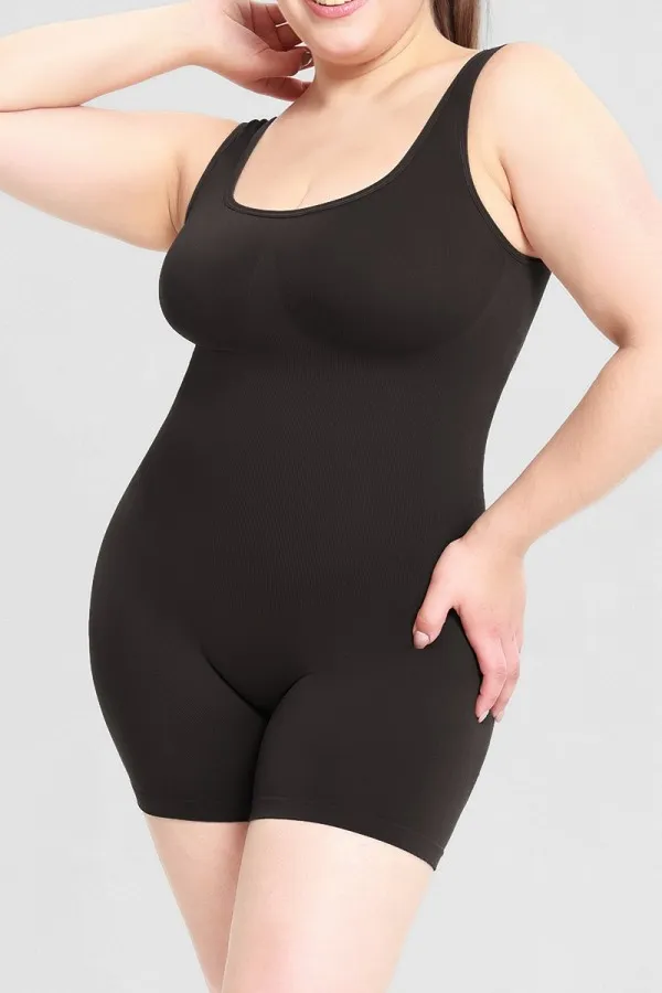 Black Wide Straps Scoop Neck Mid-Thigh Bodysuit