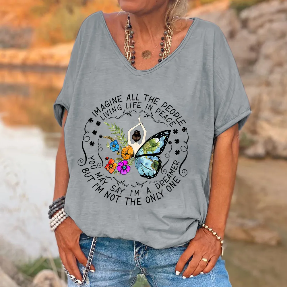 Imagine All The People Living Life In Peace Printed Women's T-shirt