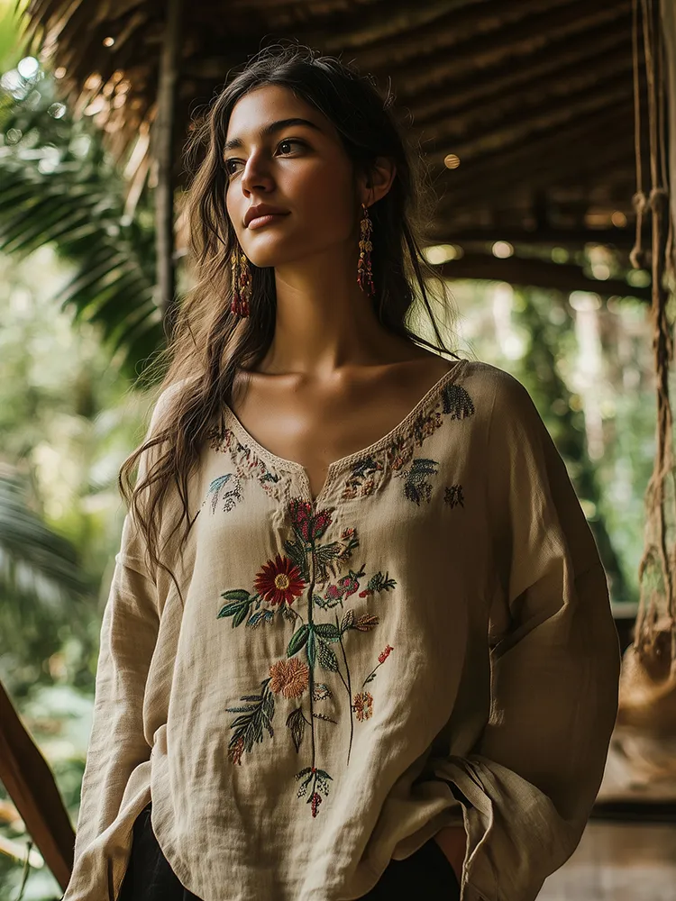 Vintage Tribal Ethnic Embroidered Linen Casual Shirt