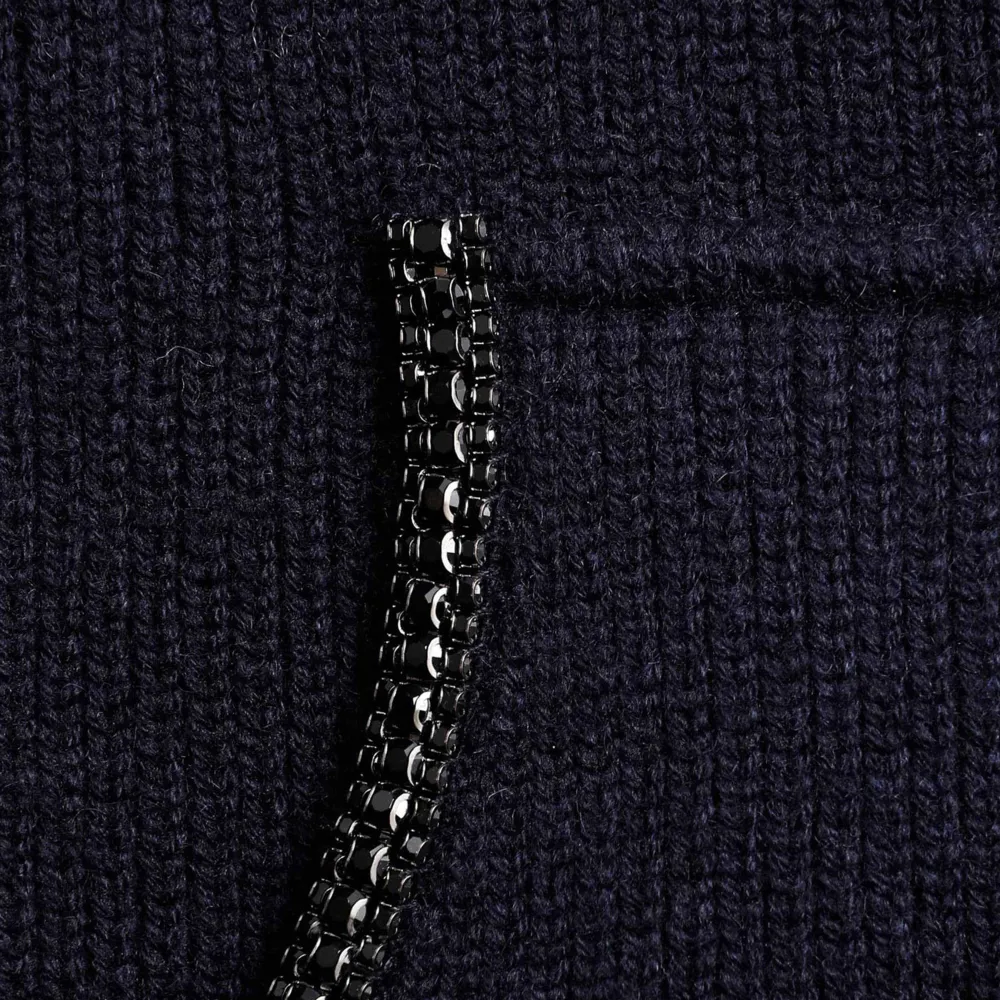Navy Knit Diamante Trim Hoodie