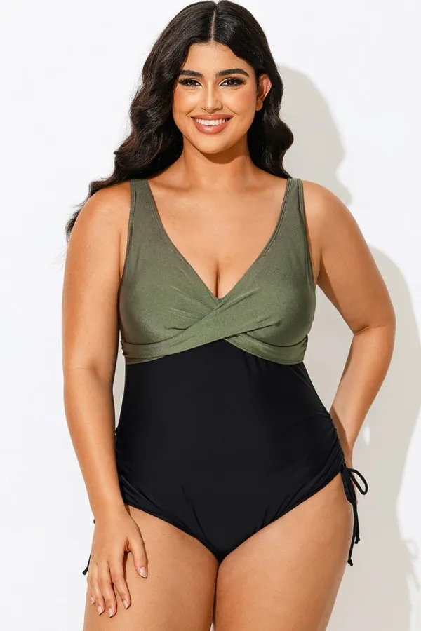 V-Neck Green Colorblock One Piece Swimsuit