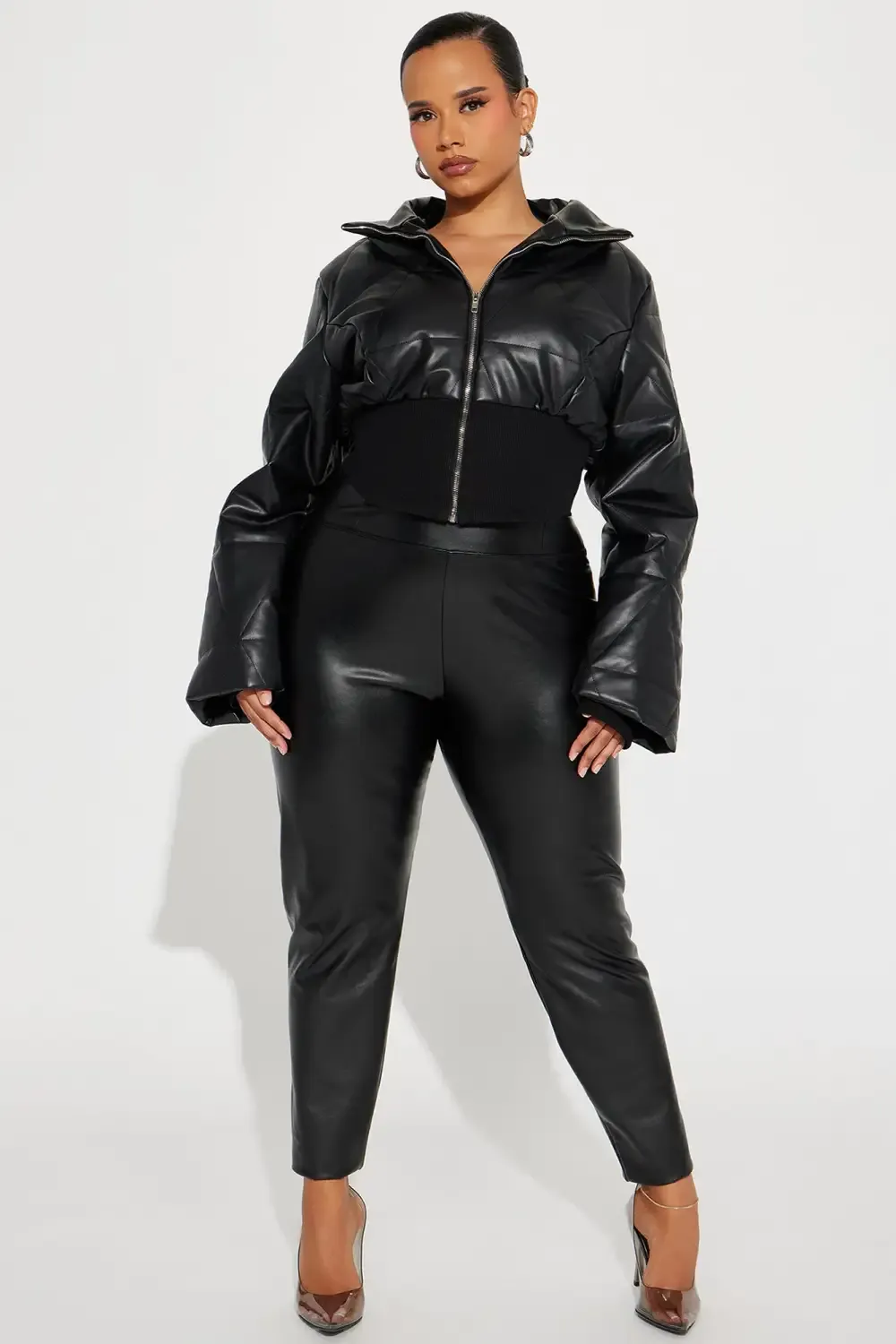 It's The Lifestyle Faux Leather Puffer Jacket - Black