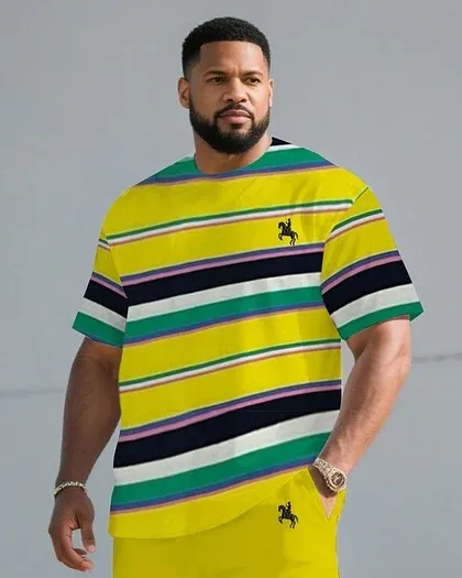 Men'S Plus Size Teeth Buy Striped Fabric Chest Small Label Short Sleeve T-Shirt Shorts Suit