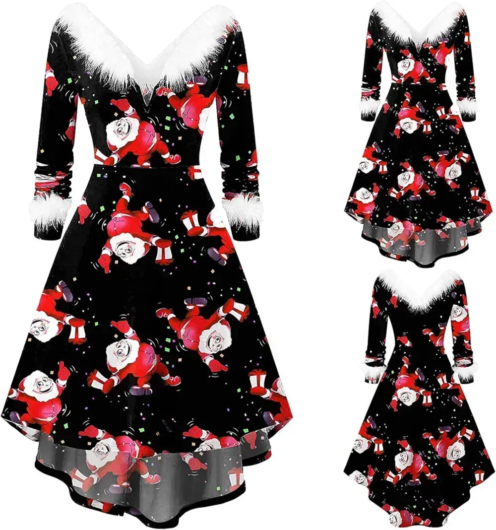 Womens Christmas Dress Fuzzy Mrs Claus Christmas Holiday Xmas Cocktail Holiday Party Flare Dress