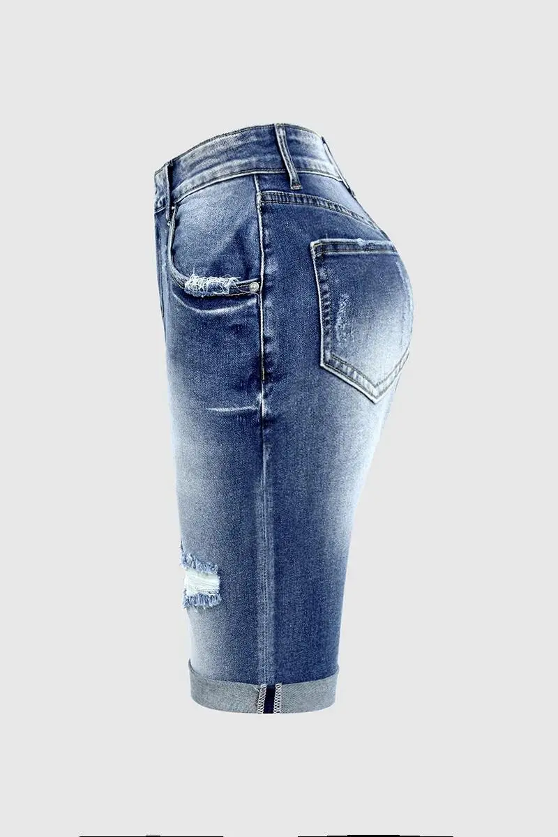 Ripped Roll Hem Mid Rise Denim Bermuda Shorts