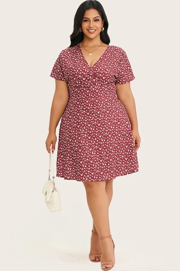 Floral Print A-Line Short Sleeve Midi Dress