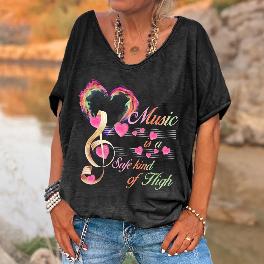 Music Is A Safe Kind Of High  Printed V-neck Women's T-shirt