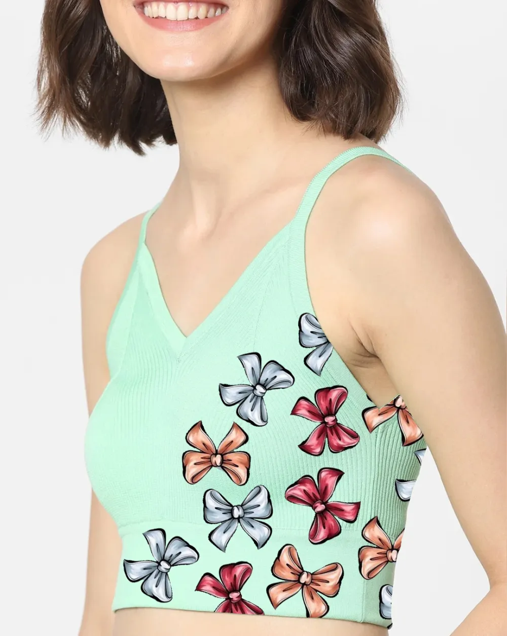 Light Green Ribbed Bow Print Cami Cropped Top