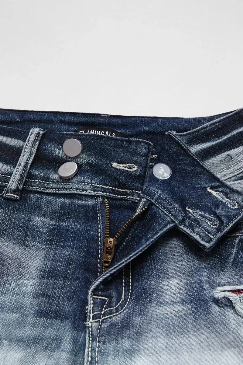 Wash Paisley Patched Ripped Mid Rise Denim Shorts