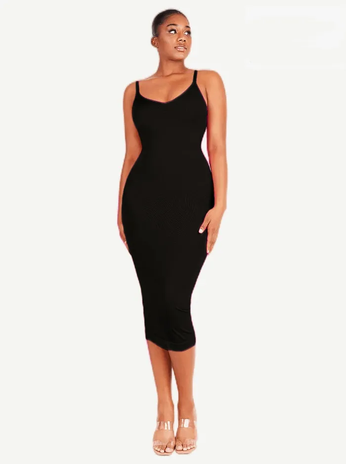 Seamless Spaghetti Strap V Neck Maxi Dress with Built-in Bodycon