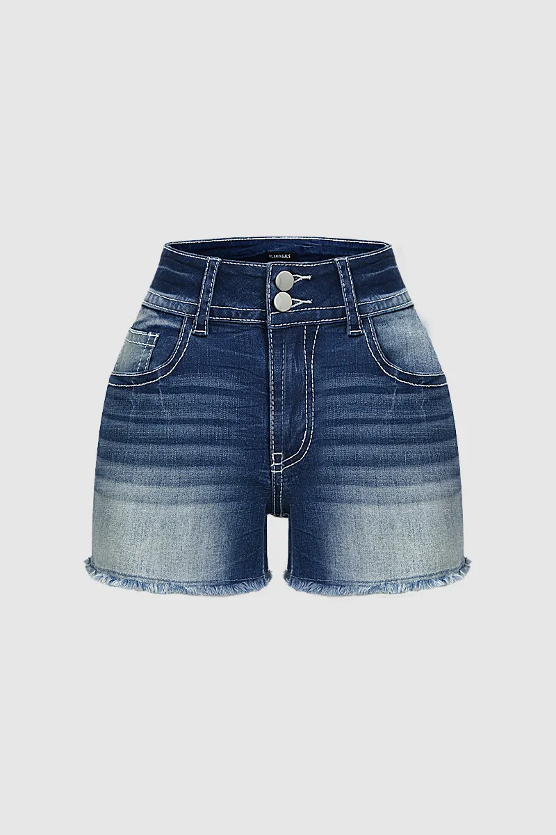 Embroidery Flap Detail Raw Hem Mid Rise Denim Shorts