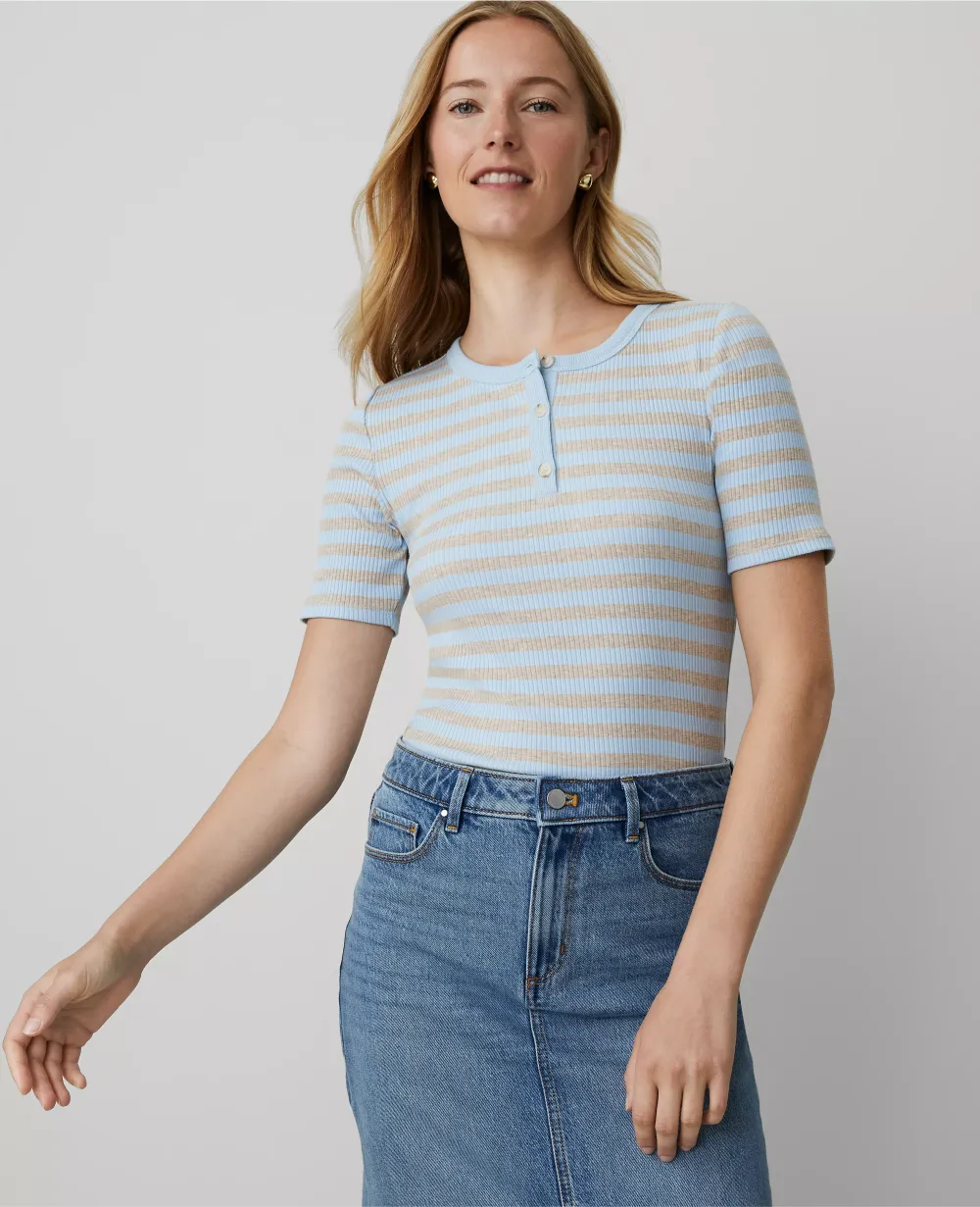 Weekend Collection Striped Ribbed Henley Top