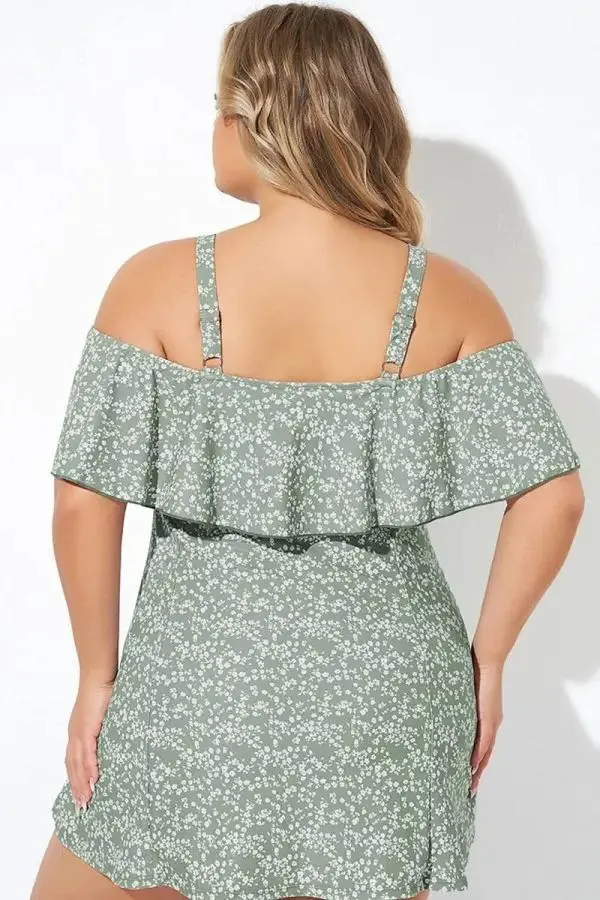 Floral Ruffle Cold Shoulder Women Swimdress
