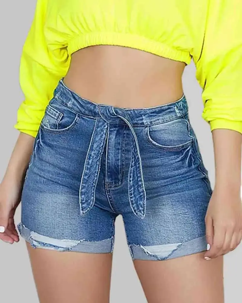 Tie Front High Waist Roll Hem Denim Shorts