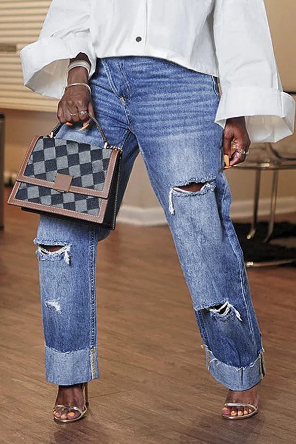 Cut Out Roll Hem Raw Hem Asymmetrical High Waist Straight Leg Jeans