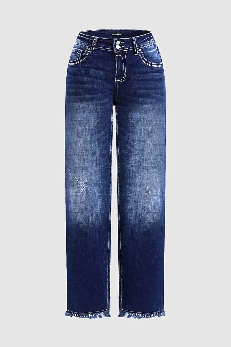 Raw Hem Double Button Mid Waist Straight Leg Jeans