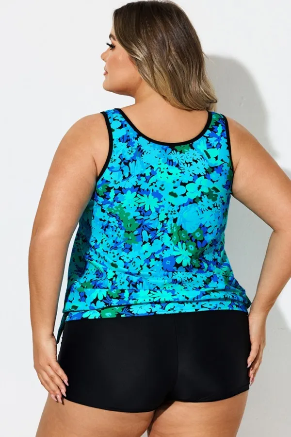 Plus Size Floral Print Mesh Cyan Tankini Top