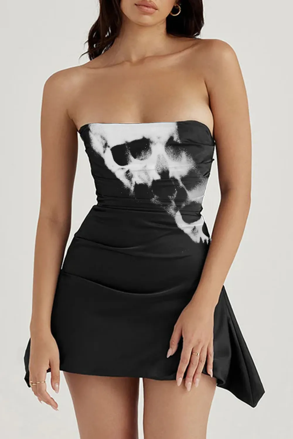 Silky Satin Pleated Trim Corset Strapless Party Mini Dress - Black