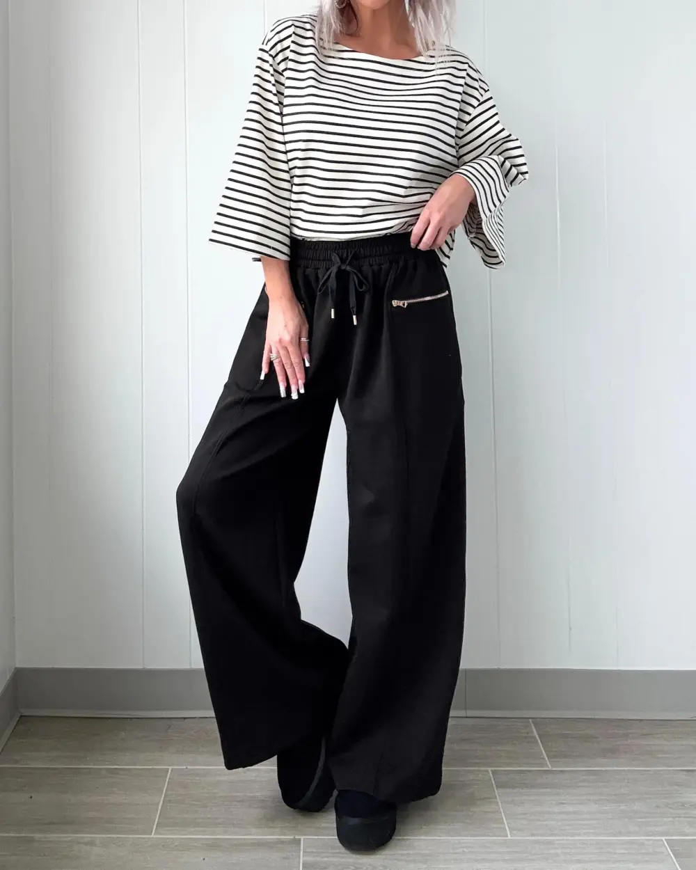 Crew Neck Striped Top - Black/Ivory