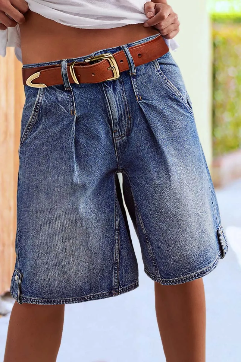 Wash Pleated Mid Rise Straight Leg Denim Bermuda Shorts Without Belt