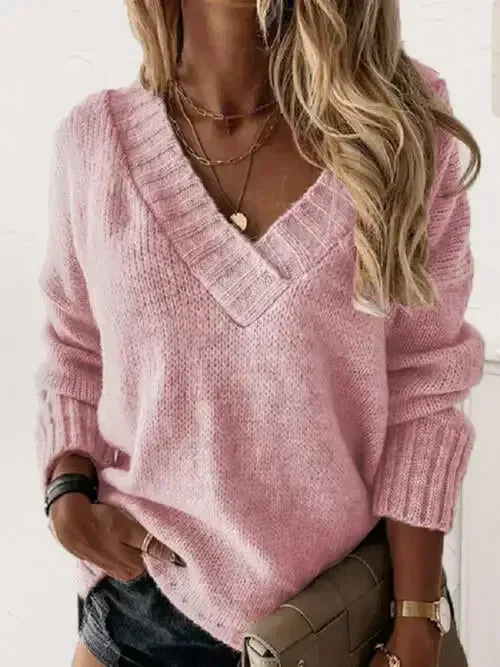 V-Neck Long Sleeve Knit Top Sweater AC