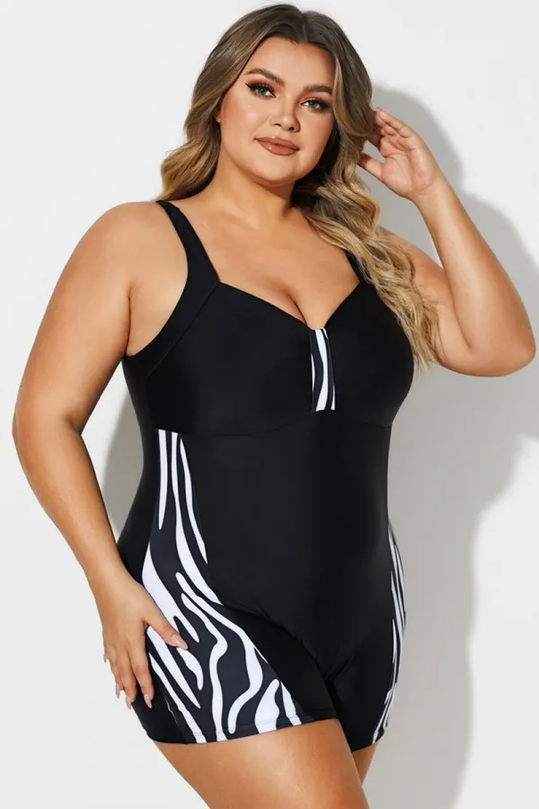 Black & White V-Neck Shorty Sports One Piece Swimsuit