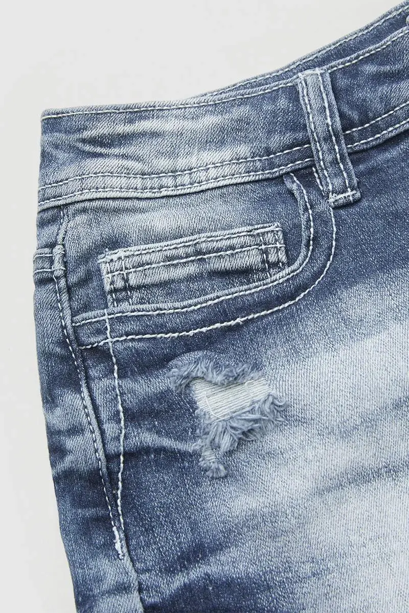 Star Embroidered Raw Hem Mid Rise Denim Shorts