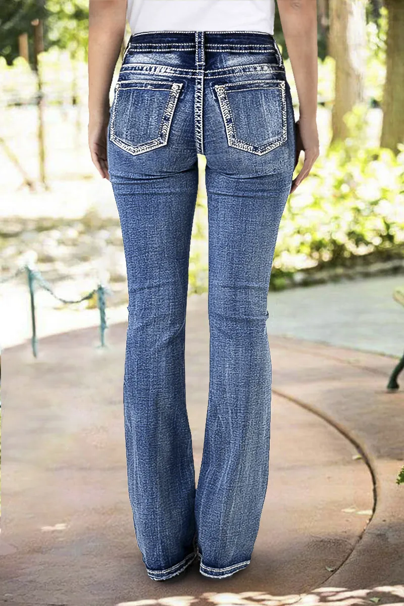 Wash Stitch Detail Mid Rise Straight Leg Jeans