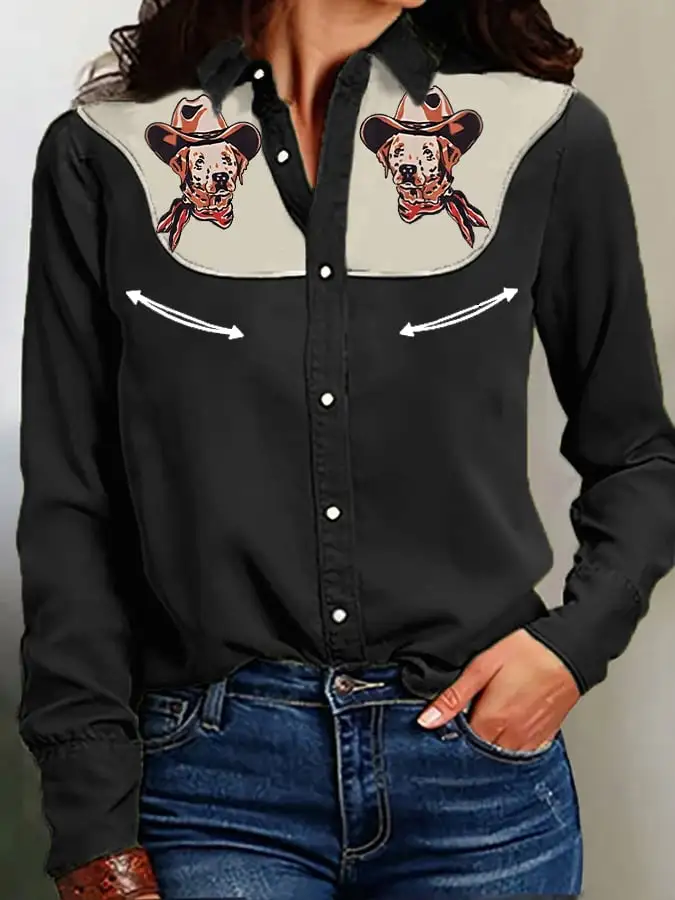 Women's Retro Western Dog With Cowboy Hat Print Casual Shirt