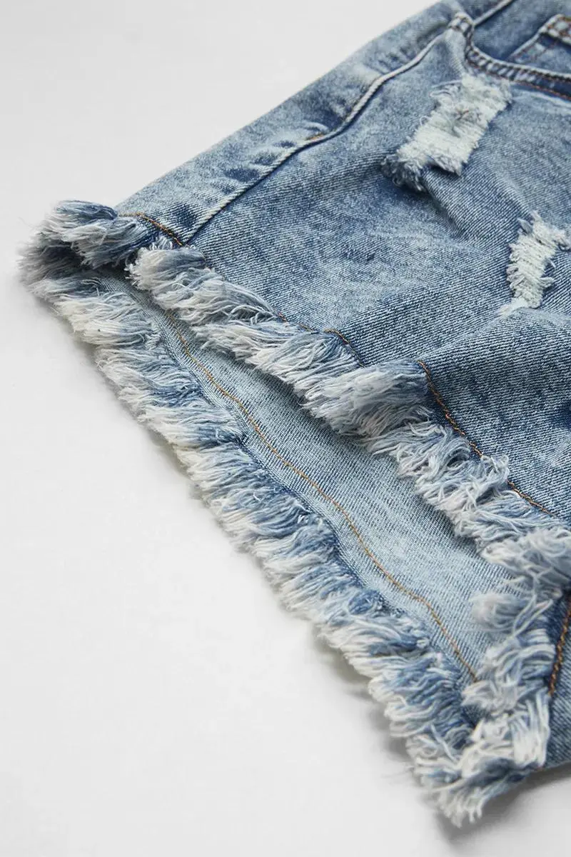 Ripped Raw Trim High Waist Denim Shorts
