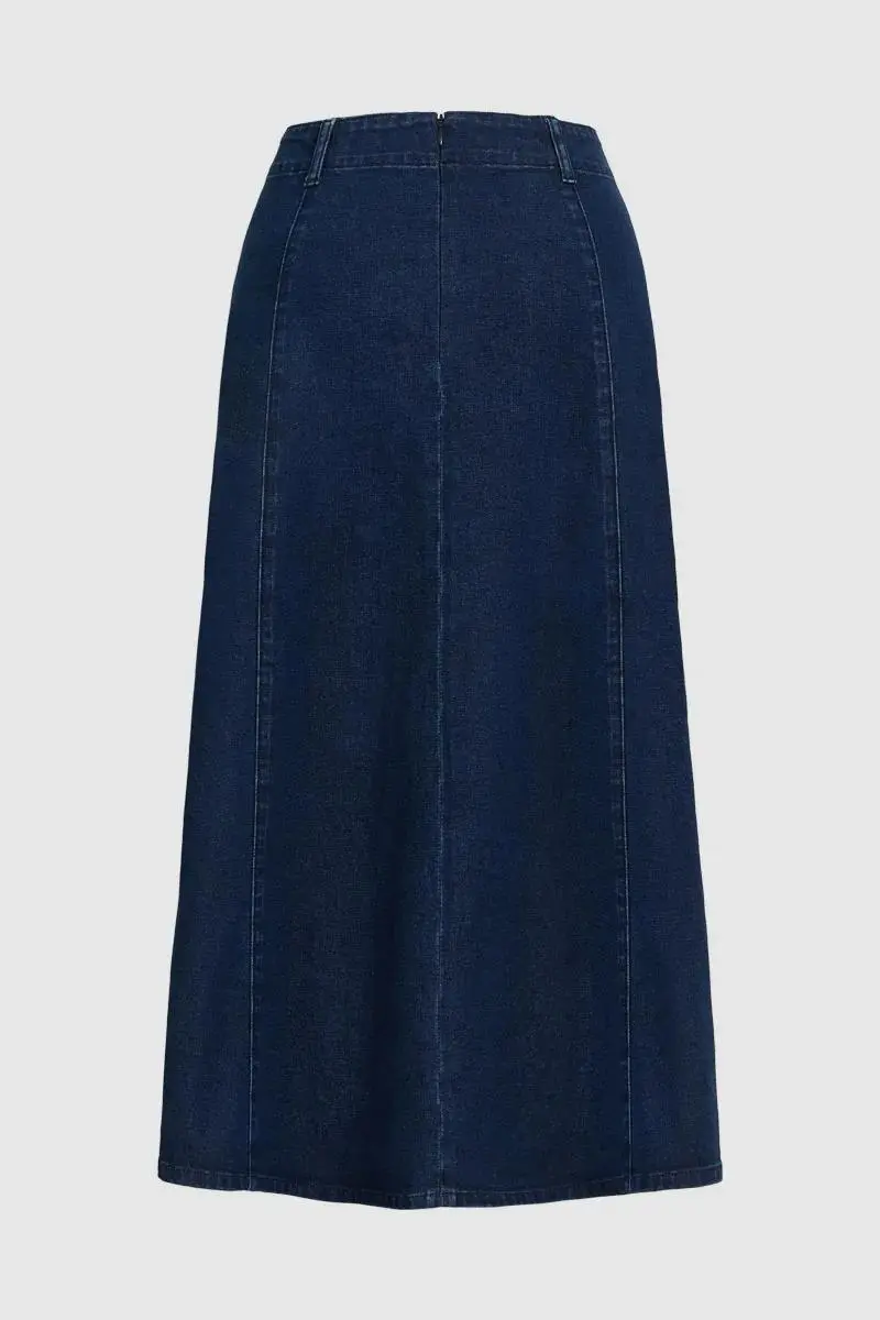 Wash Stitch Detail High Rise Long Denim Skirt Without Belt