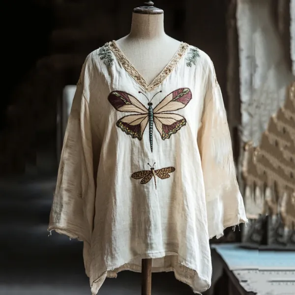 Women's Vintage Floral Dragonfly Embroidery Linen Art V-neck Shirt