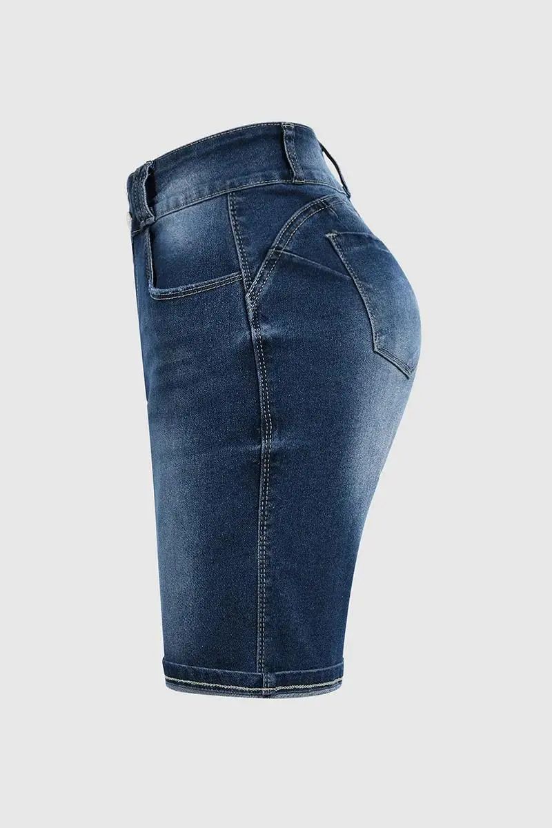 Double Button High Waist Denim Mid Thigh Shorts