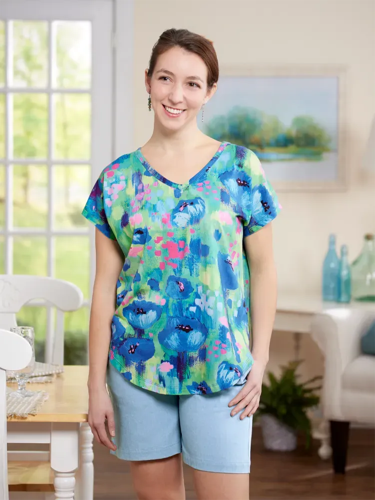 Ella Simone Short-Sleeve Watercolor Splash Cotton and Modal Top
