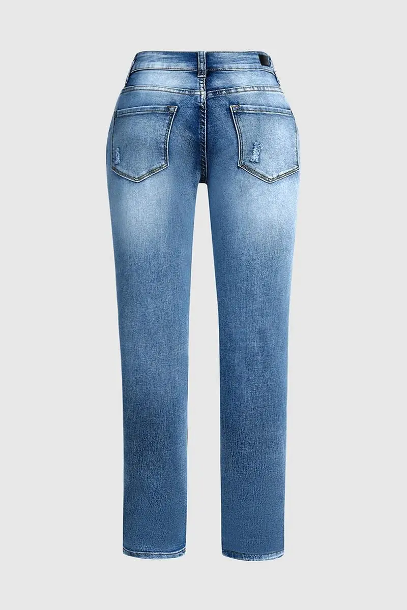 Washed Ripped Roll Hem Low Rise Skinny Jeans