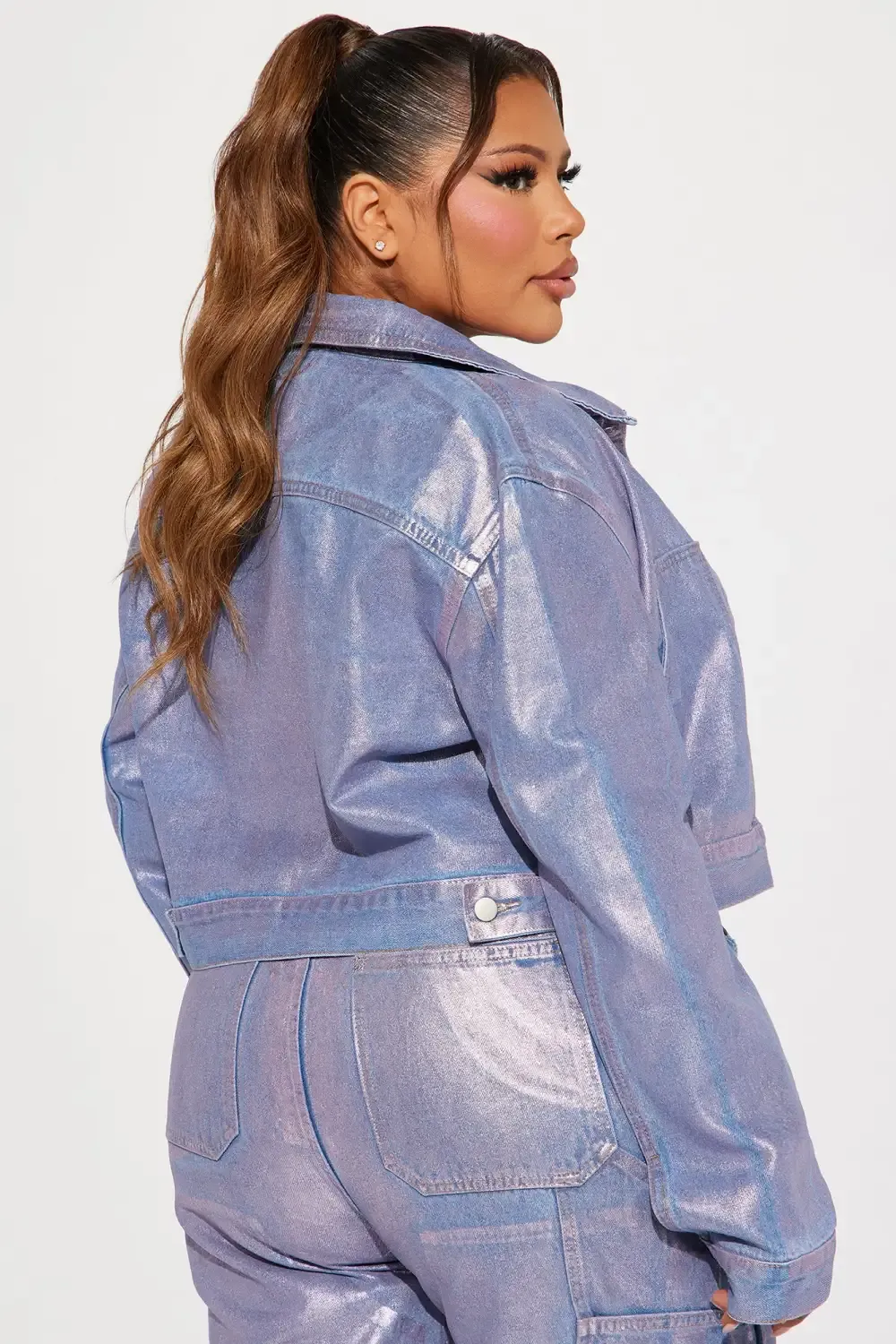 Big Time Magic Metallic Coated Denim Jacket - Pink