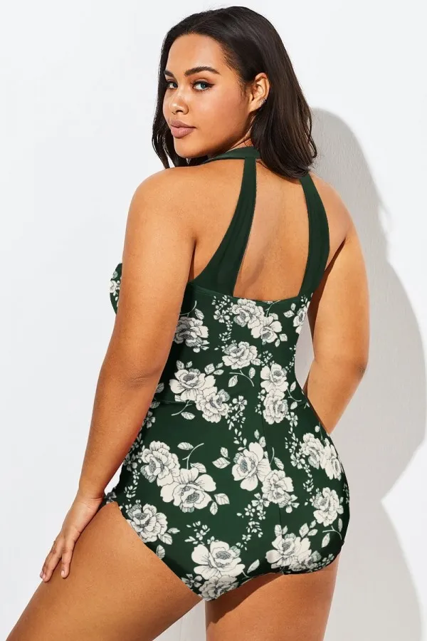 Green Floral Print Sarong Front One Piece Swimsuit